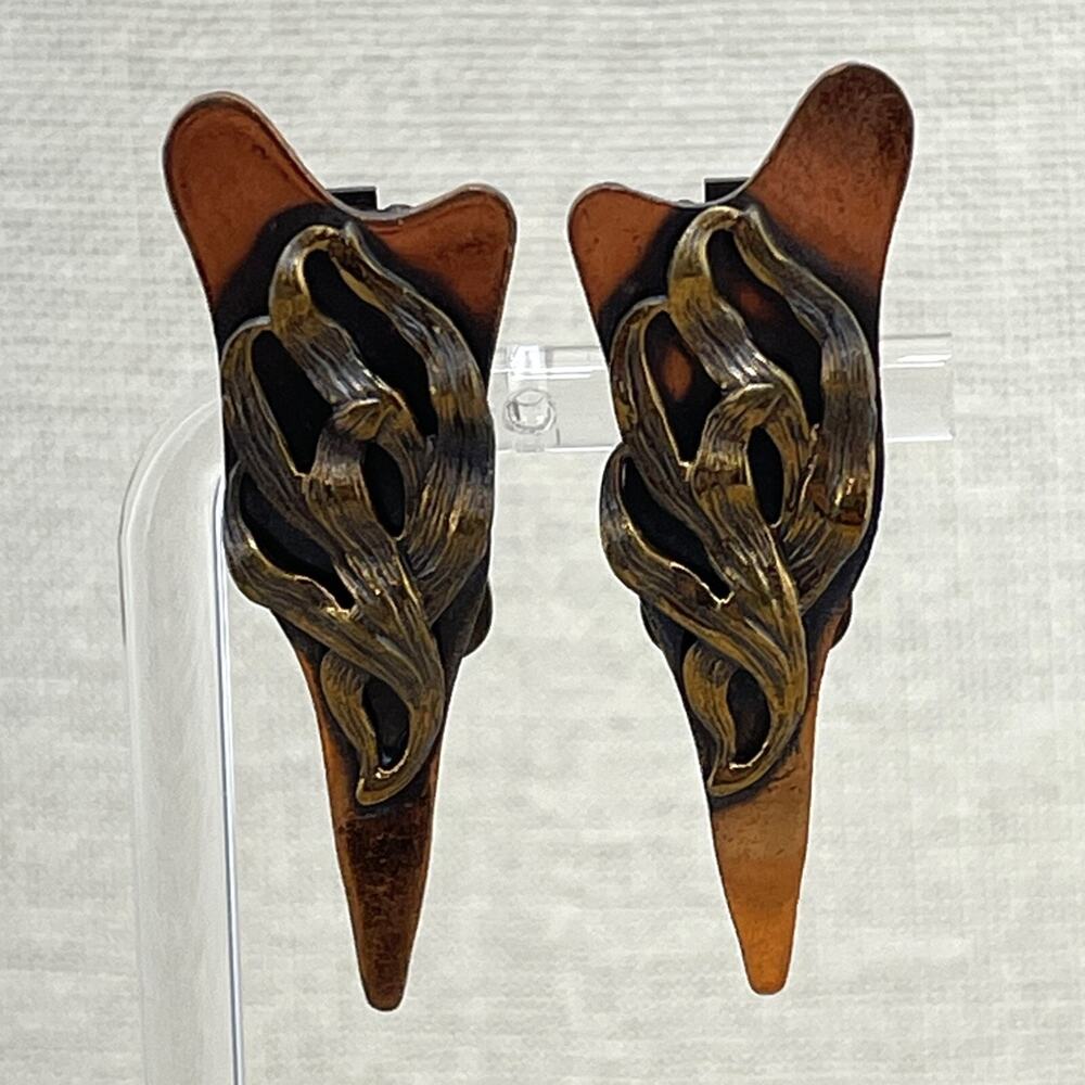 Hand-Carved Cut Copper w/ Melted Gold Tone Design Metal Clip-On Unique Earrings